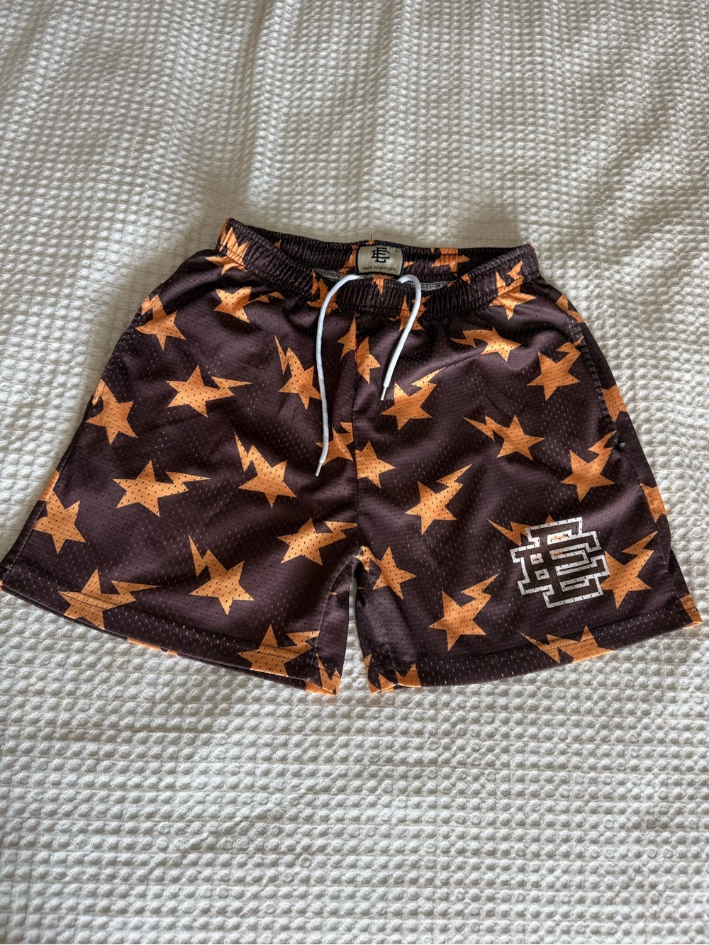 Eric Emanuel Mesh Brown & Orange Bape-Print Athletic Shorts Medium